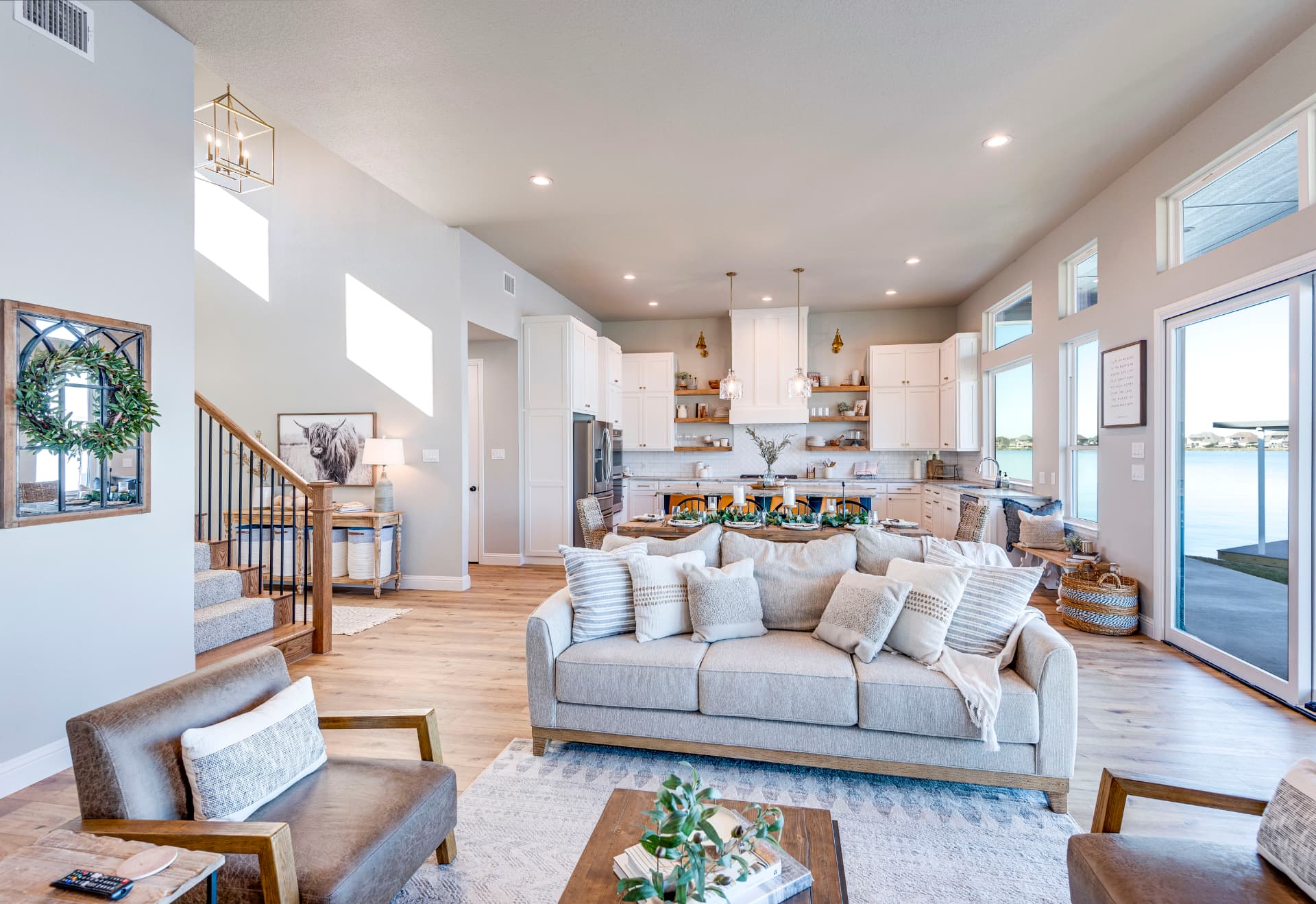 Flow between the living room, dining area, and kitchen