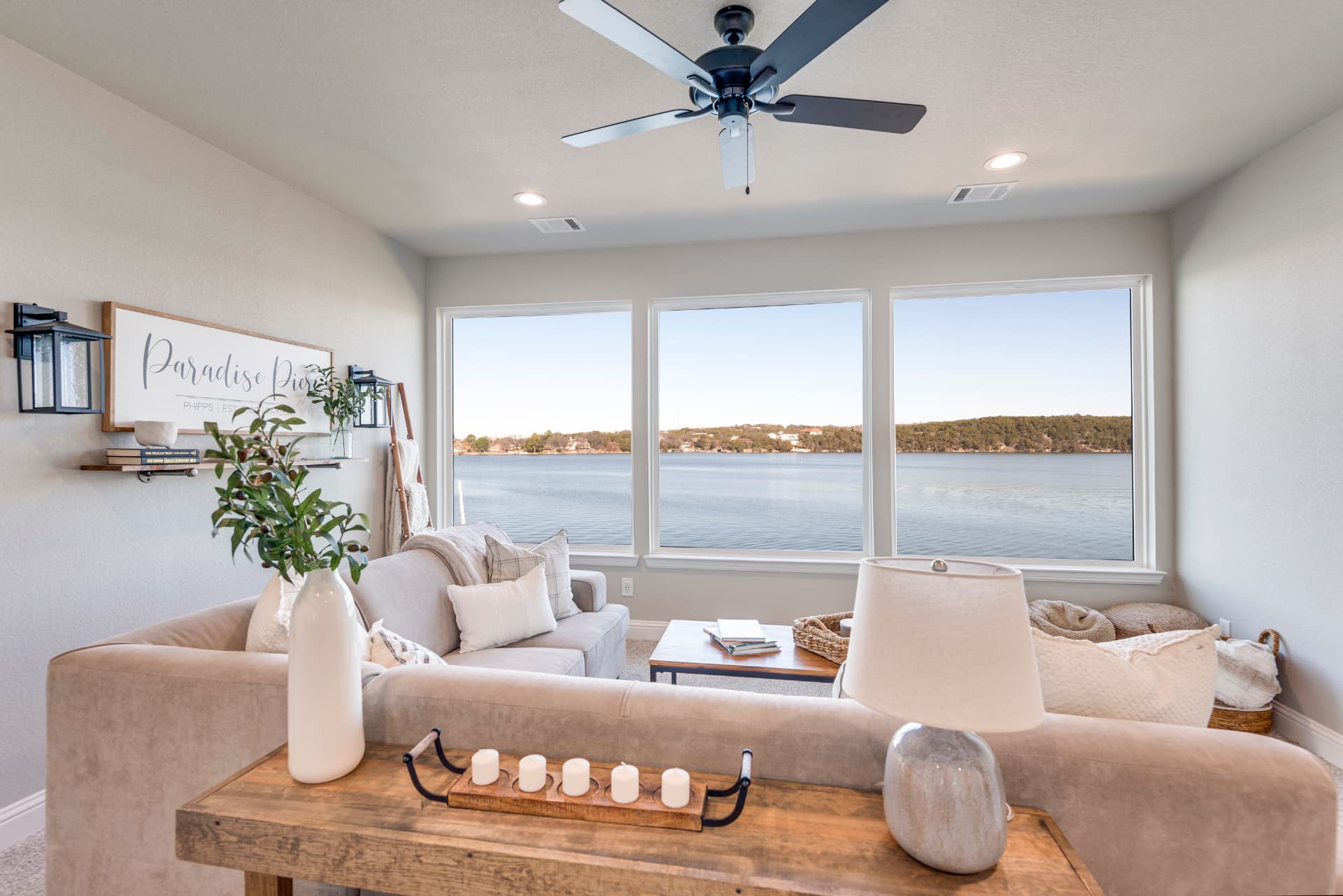 Upstairs living area with panoramic lake views