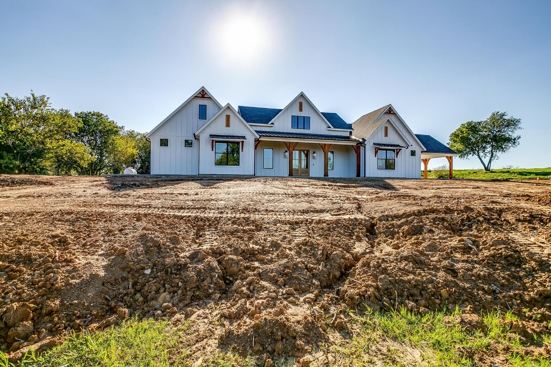 Wide front elevation of the modern farmhouse custom home