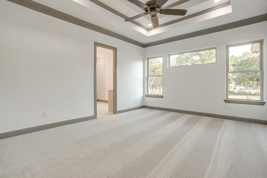 Primary bedroom with tray ceiling and large windows
