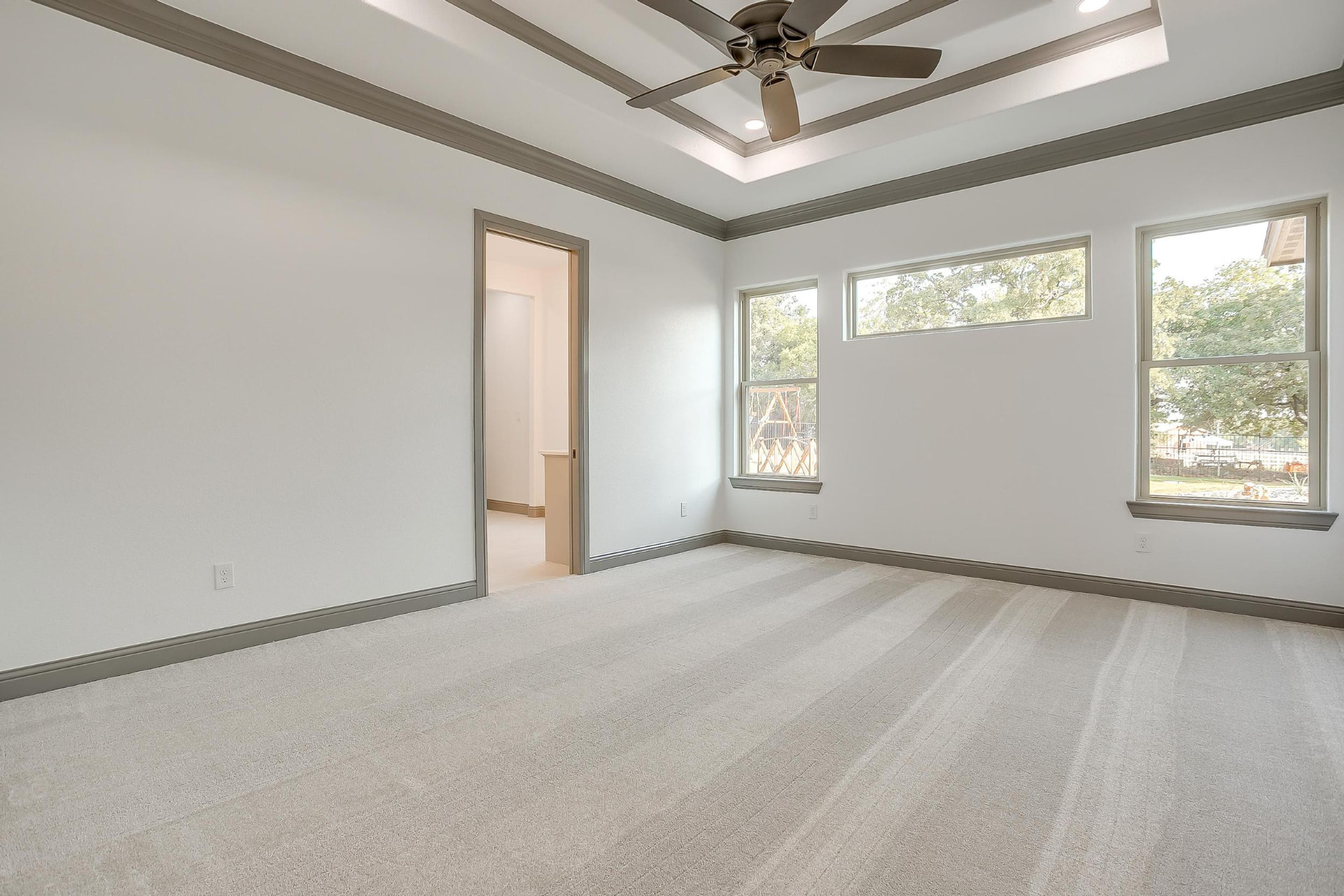 Primary bedroom with tray ceiling and large windows